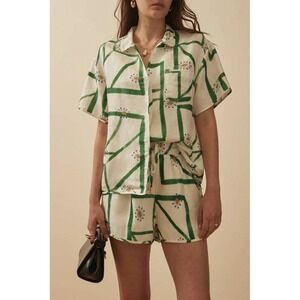 Commense Green Geometric Printed Button Down Shirt & Shorts Matching Outfit M